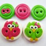 Pink & Green owls - set of ..