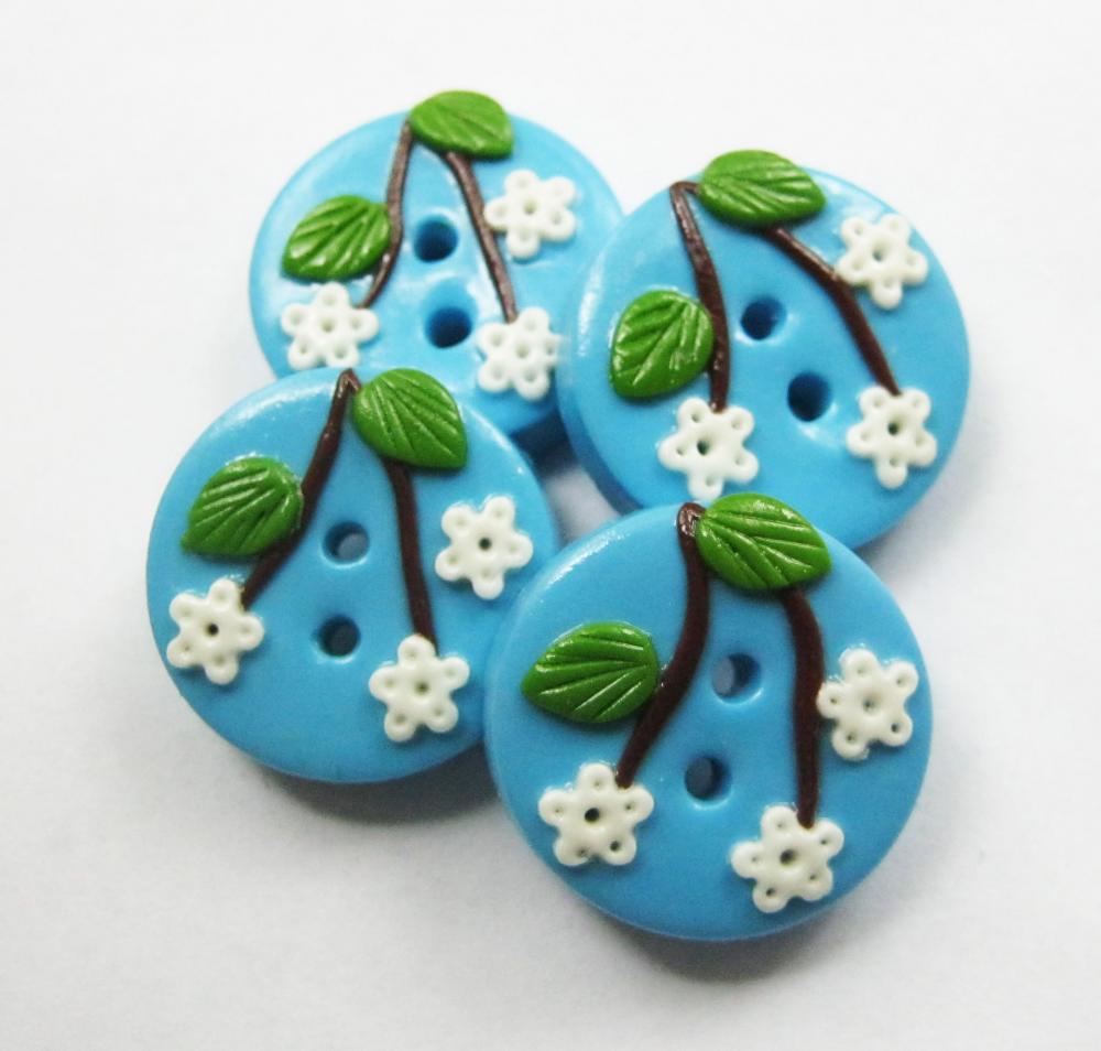 Blue flowers - set of 4 polymer clay buttons