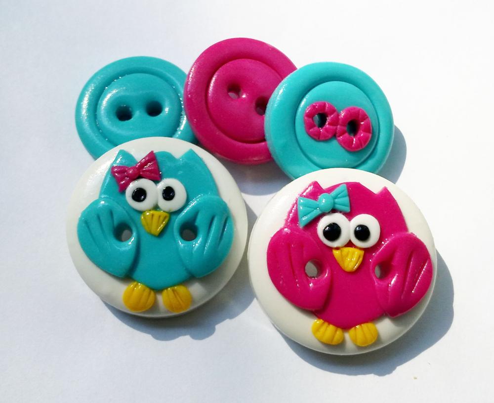 Pink & Blue owls - set of 5 polyer clay buttons