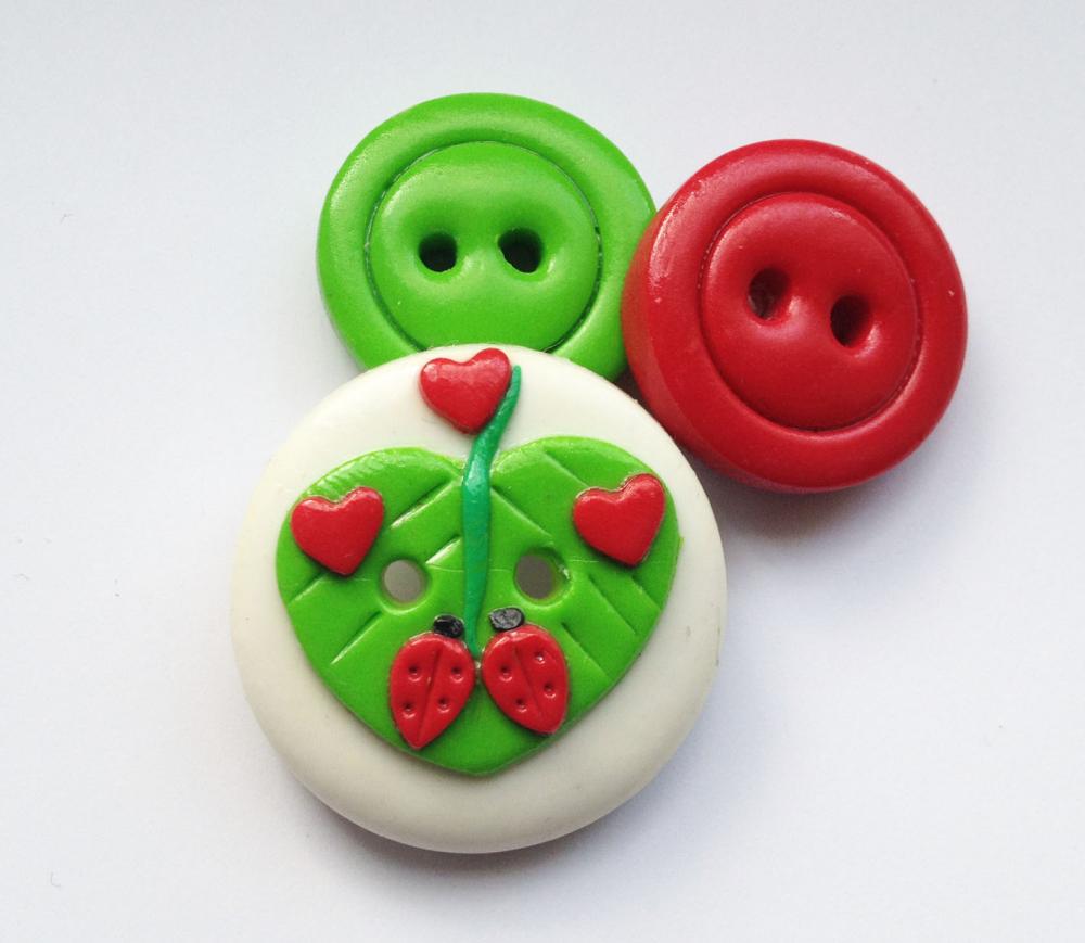 Ladybugs in love - set of 3 polymer clay buttons